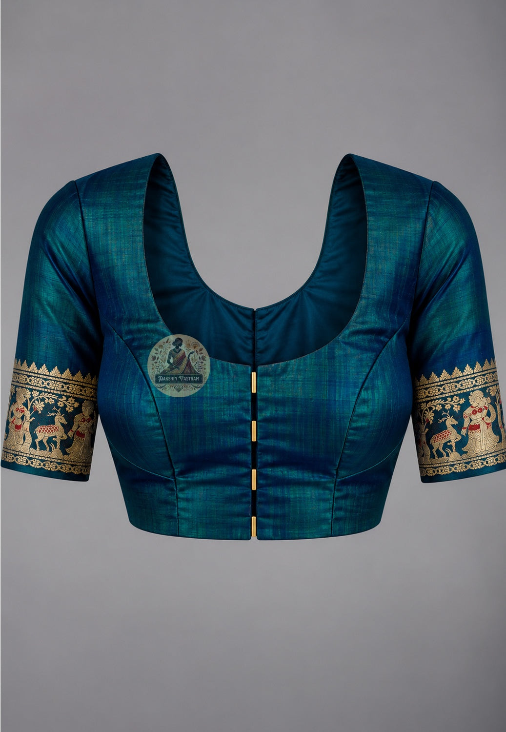 Matching blouse piece included with Swarnachari pure silk golden zari saree, pre-woven in the same Swarnachari silk fabric by West Bengal handloom artisan weavers