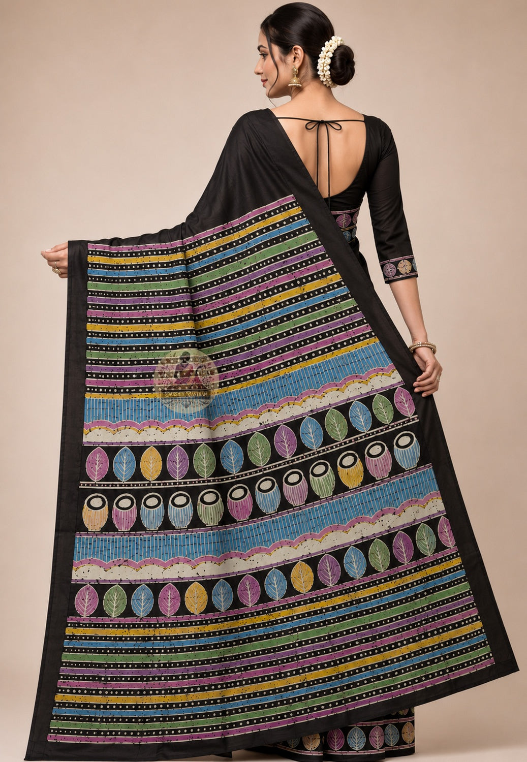 Rear view of Bishnupur handwoven Katan silk saree with ceremonial pallu motifs, Bengal sacred craft tradition