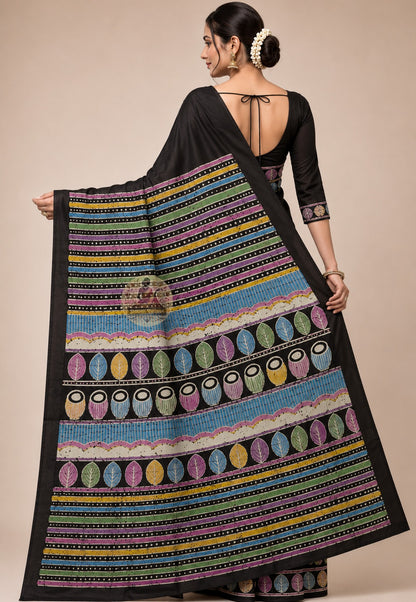 Rear view of Bishnupur handwoven Katan silk saree with ceremonial pallu motifs, Bengal sacred craft tradition