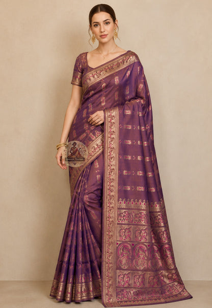 Front view of Swarnachari silk saree with pure golden zari motifs draped in classic Nivi style