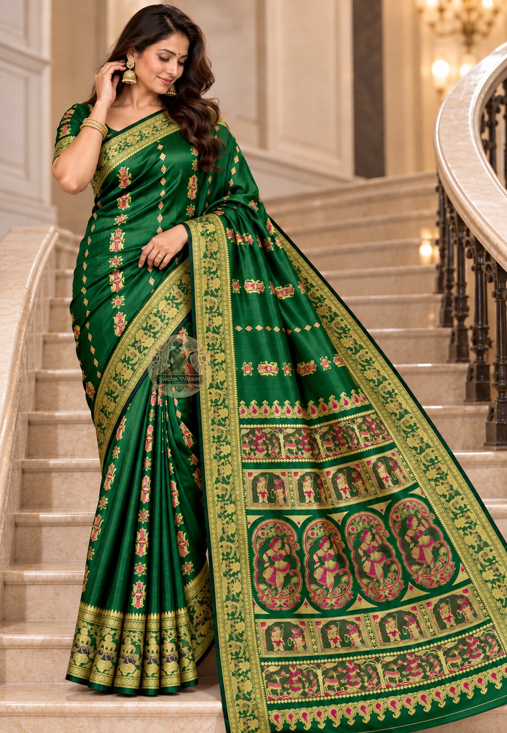 Front view of emerald green Baluchari silk saree with pink motifs and gold-toned patterned borders