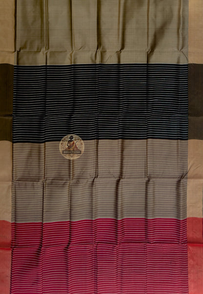 Rear view of handloom Bishnupur Katan silk saree displaying clean Katan silk fall with restrained border, a quiet statement that is simply there and that is enough