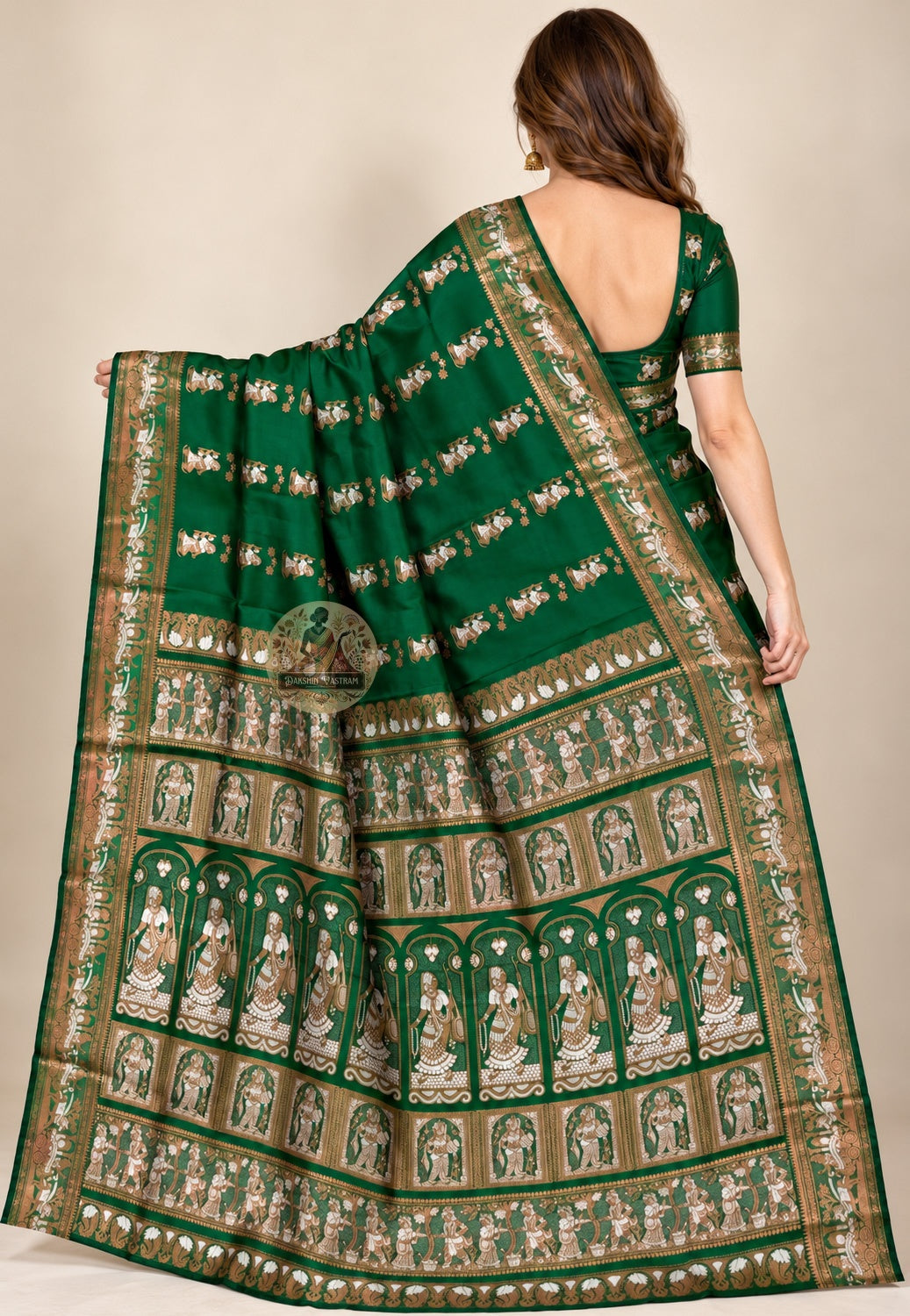 Front view of Swarnachari silk saree showing pure silk body with individually woven golden zari Malla court and Bishnupur terracotta temple motifs across pallu border and buti