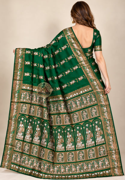 Front view of Swarnachari silk saree showing pure silk body with individually woven golden zari Malla court and Bishnupur terracotta temple motifs across pallu border and buti