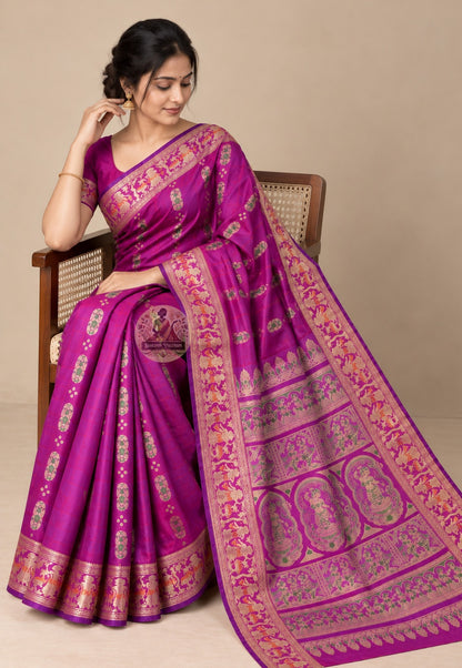 Full saree view of purple Swarnachari pure silk golden zari handloom saree with matching blouse piece for Durga Puja Sandhi Puja Diwali Navratri Indian weddings and diaspora gifting