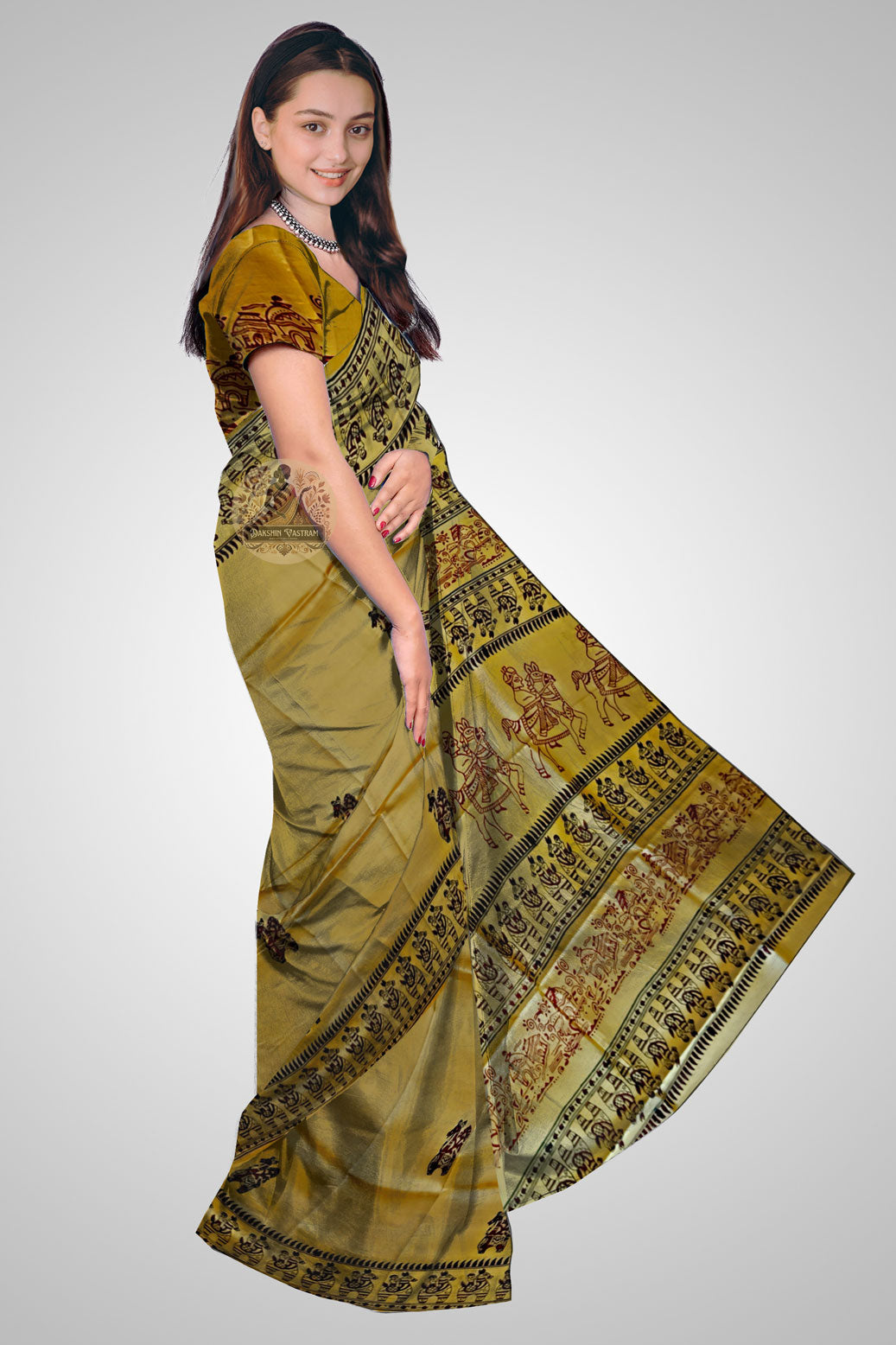 Buy Block Printed Silk Saree online – Side profile of artisan design