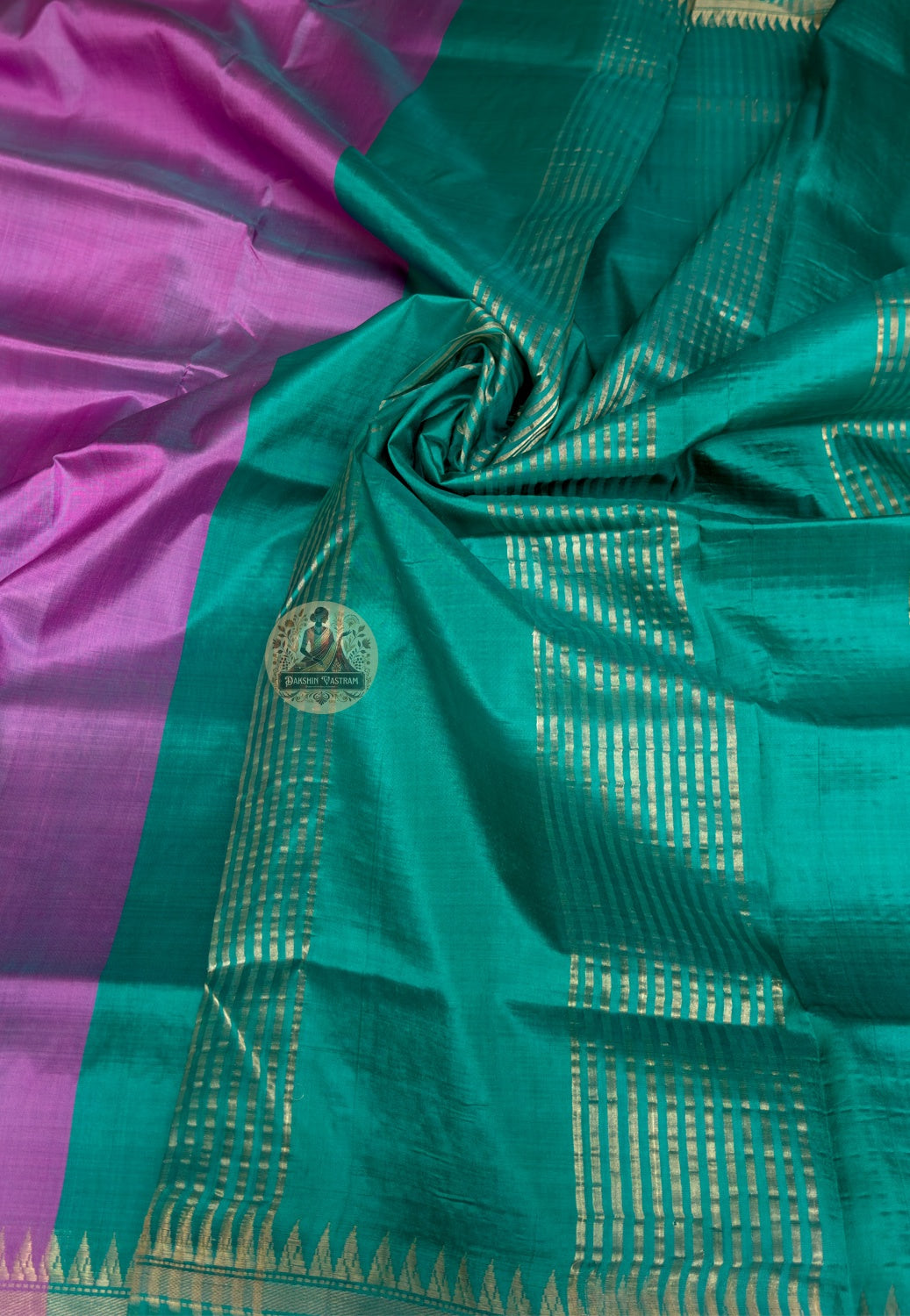 Close-up of marigold butis woven into pallu of Bishnupur Katan Silk Saree, Bengal artisan handloom