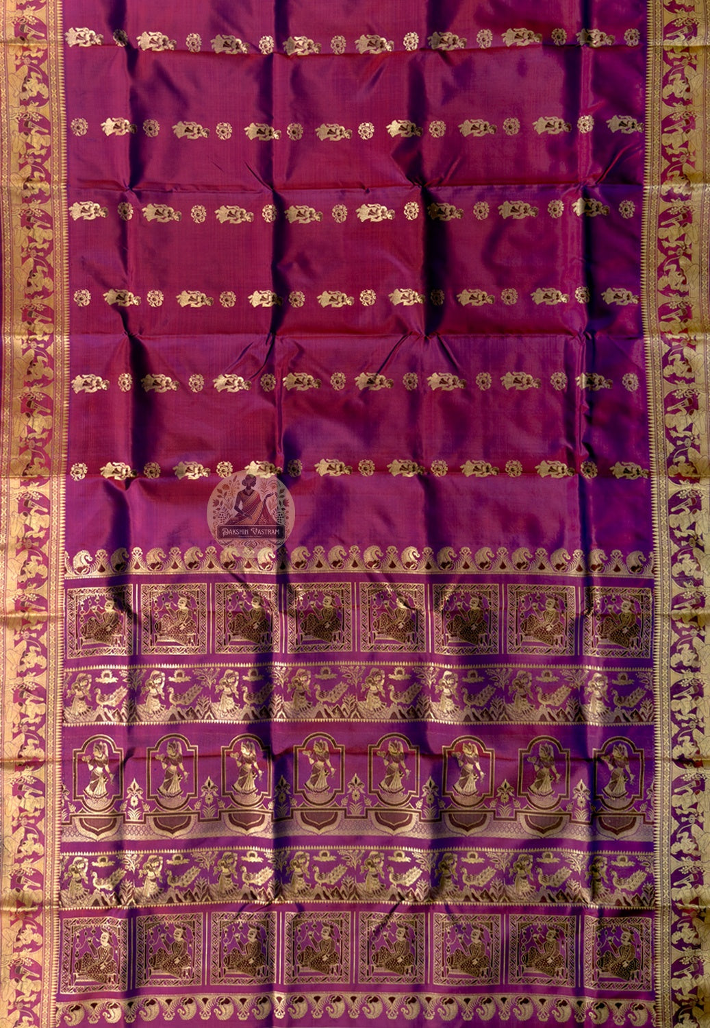 Side view of Baluchari Silk Saree showing fluid silk drape and handloom woven celestial court narrative border