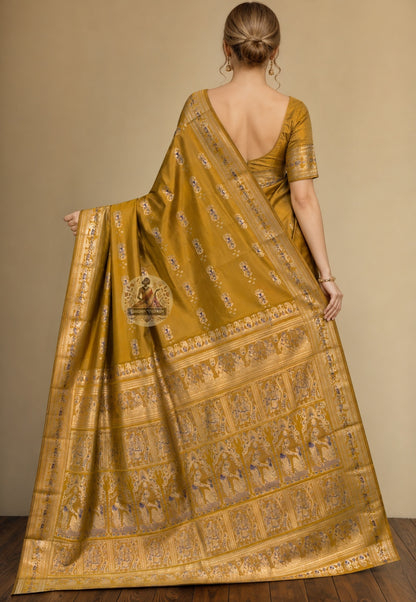Side view of Swarnachari handloom cotton saree showing pallu drape and golden border detail