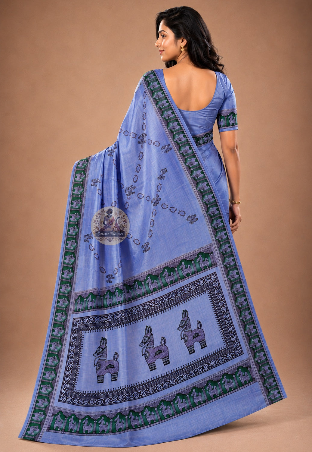 Side view of Bishnupur Pure Katan Silk Saree showing weighted drape and handloom zari border detail