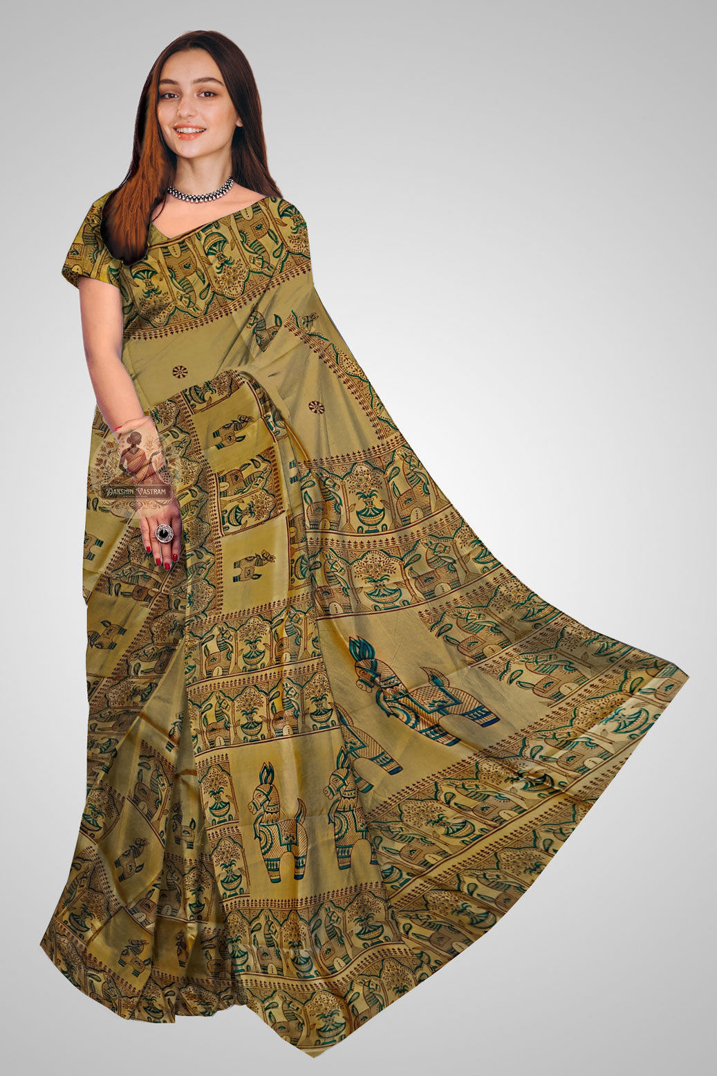 Buy Pure Silk Block Print Saree online – Front view with hand block motifs