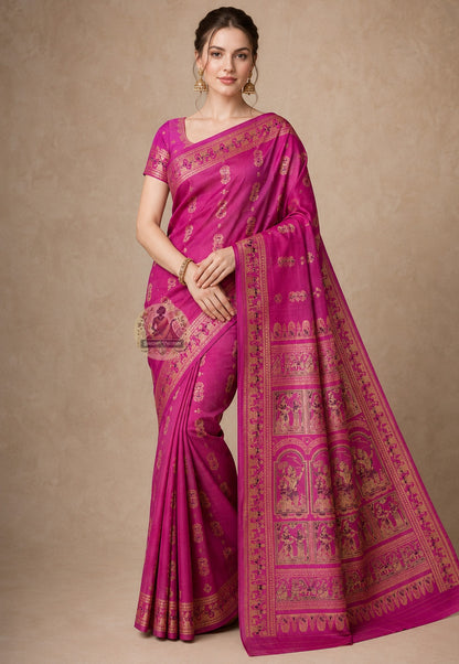 Front view of Baluchari Silk Saree with handwoven Krishna Leela devotional scenes and lotus medallion motifs, West Bengal