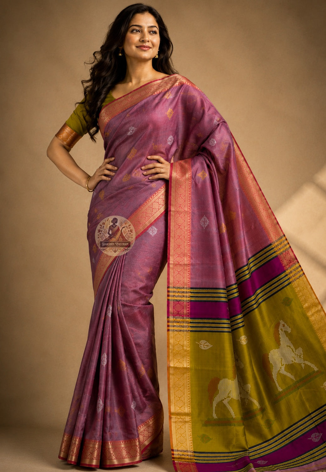 Front view of woman wearing Bishnupur Katan Silk Saree with silk blouse Durga Puja Saptami pandal visit Kolkata 2026