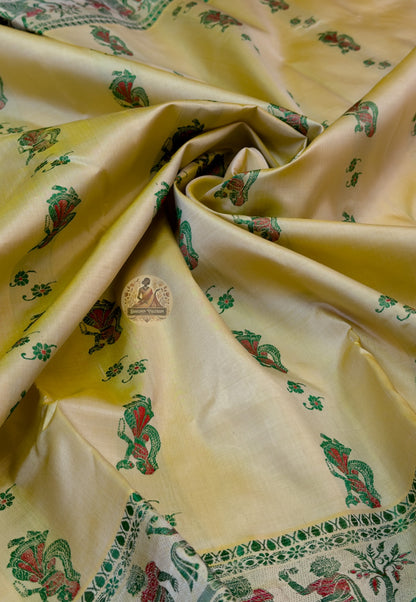 Detailed close-up of hand-woven border on Beige Baluchari Silk Saree showing intricate Bishnupur weave craftsmanship with fine pure silk thread detailing on beige ground