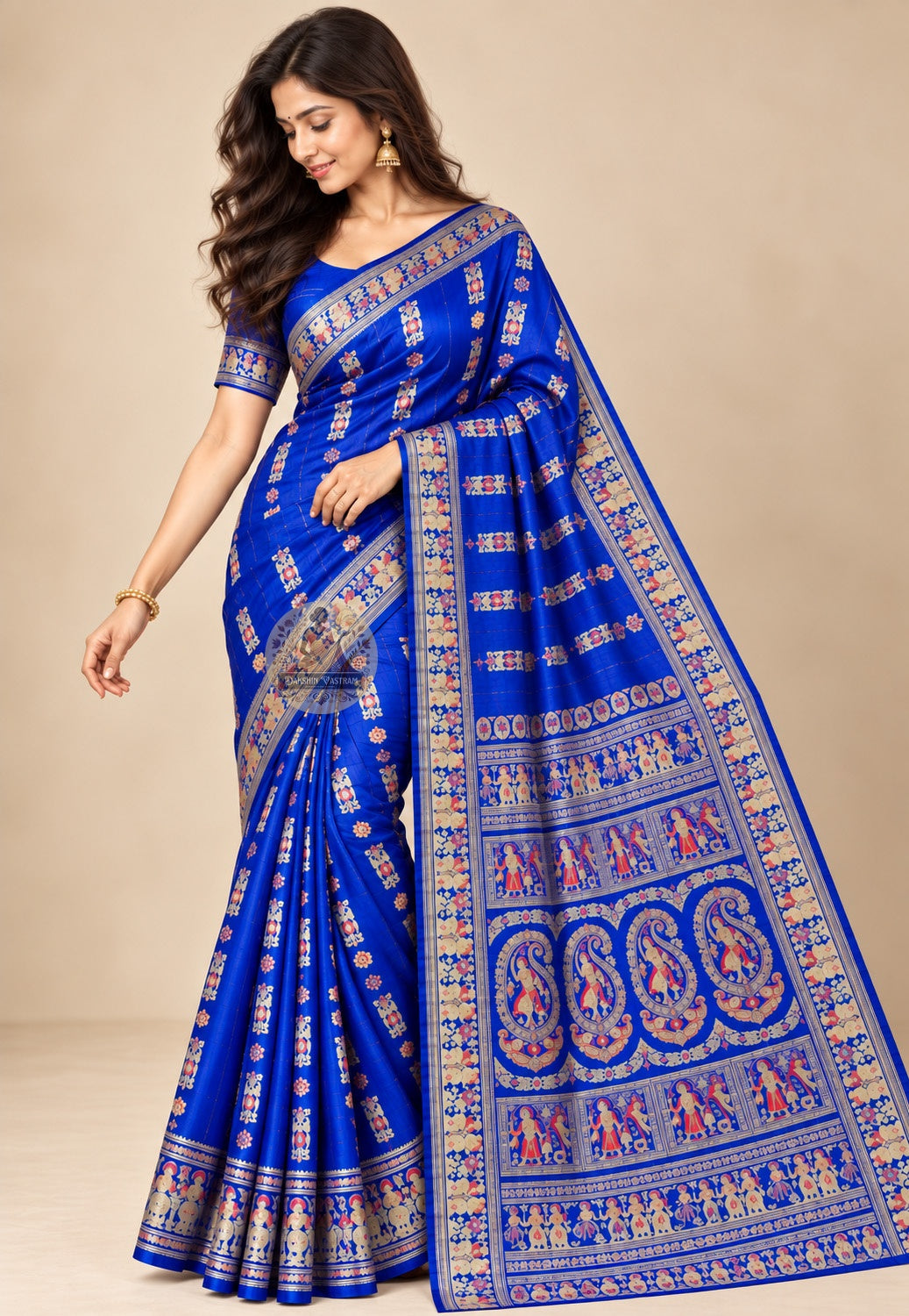 Front view of royal blue Baluchari silk saree with multicoloured motifs and decorative borders