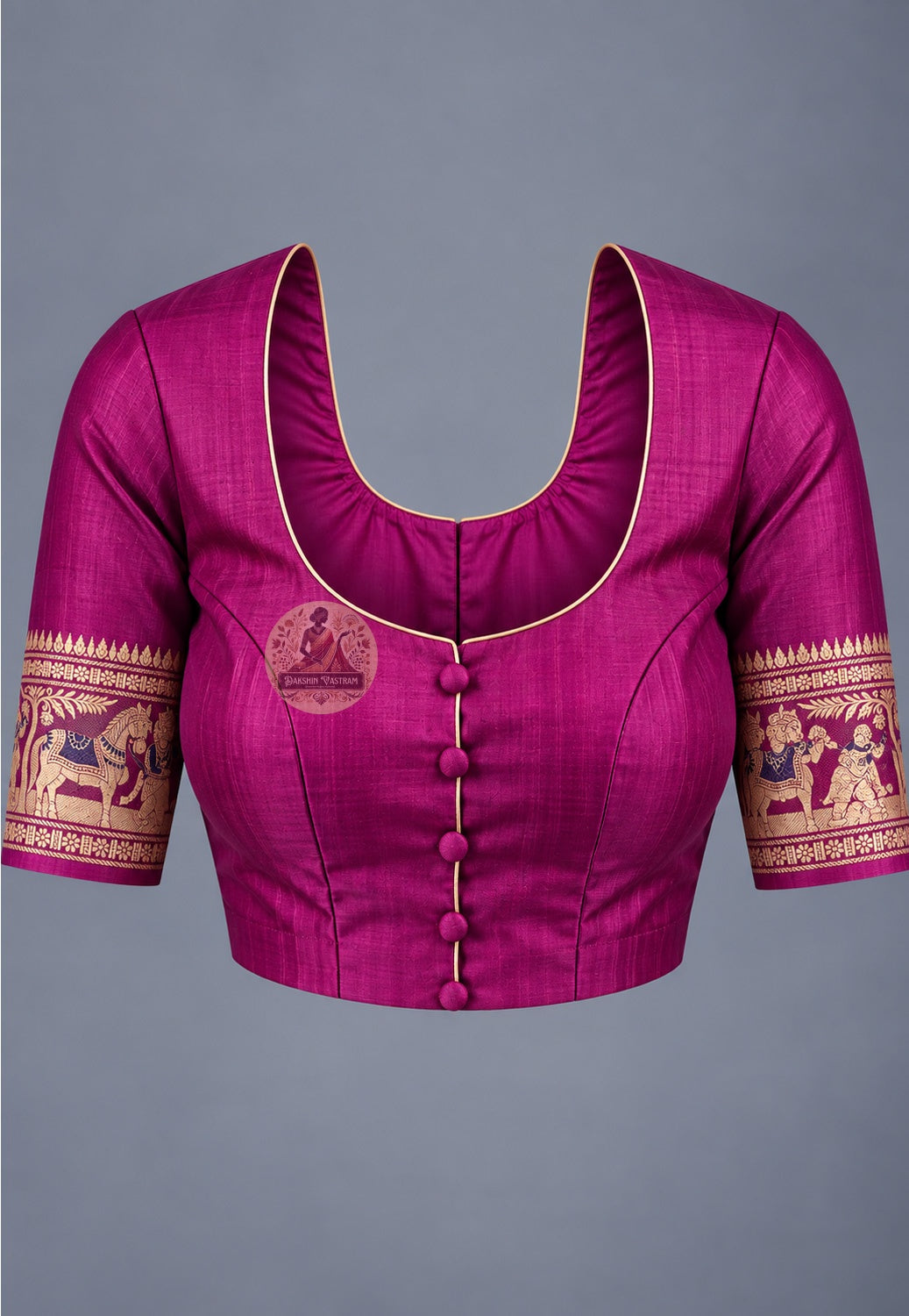 Blouse paired with plum magenta Swarnachari silk saree, featuring patterned sleeve borders
