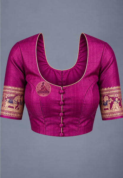 Blouse paired with plum magenta Swarnachari silk saree, featuring patterned sleeve borders