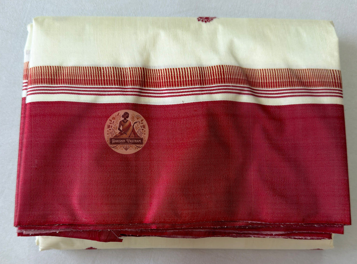 Full saree view of Bishnupur Garad pure mulberry silk saree in natural ivory with matching blouse piece, for Bengali puja and wedding ceremonies