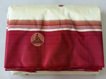 Full saree view of Bishnupur Garad pure mulberry silk saree in natural ivory with matching blouse piece, for Bengali puja and wedding ceremonies