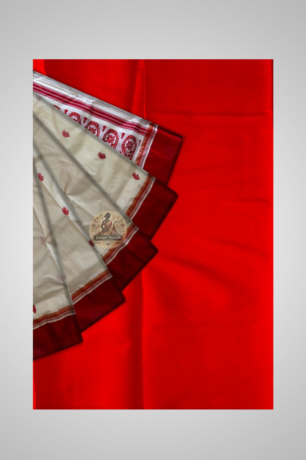 Side view of Bishnupur Garad pure mulberry silk puja saree displaying natural ivory tone and clean structured drape of handloom silk