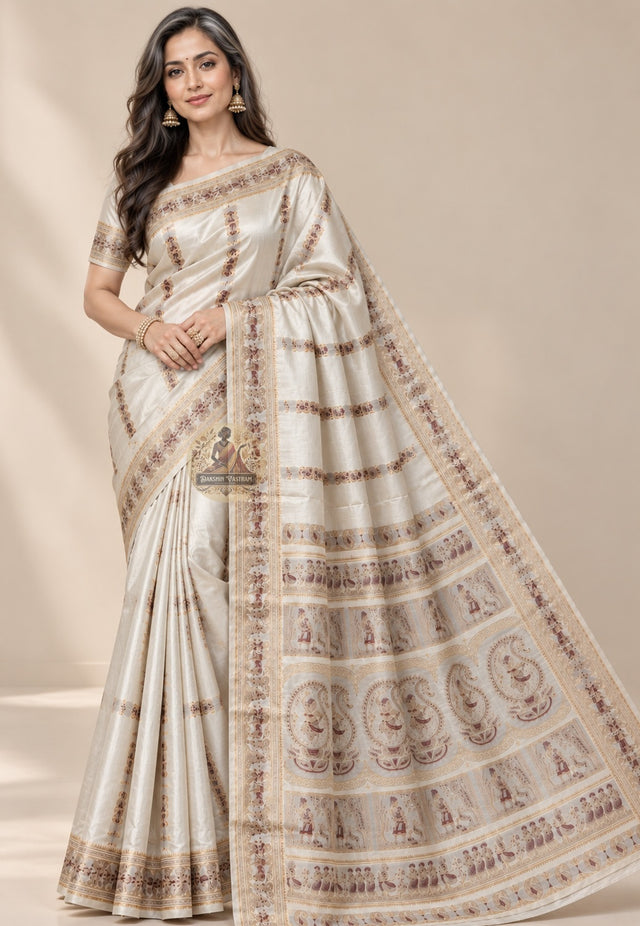 Front view of white Swarnachari pure silk saree with golden zari mythology and Bishnupur temple art motifs handloom woven in West Bengal for Saraswati Puja Bengali weddings Durga Puja