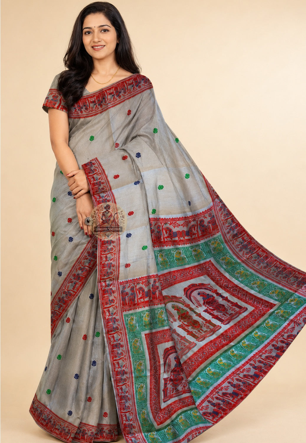 Front view of premium handwoven Baluchari Silk Saree from Bishnupur Bengal, showcasing legendary mythological motifs on the pallu and luminous pure silk drape full of intention