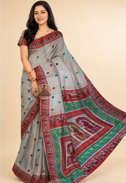 Front view of premium handwoven Baluchari Silk Saree from Bishnupur Bengal, showcasing legendary mythological motifs on the pallu and luminous pure silk drape full of intention
