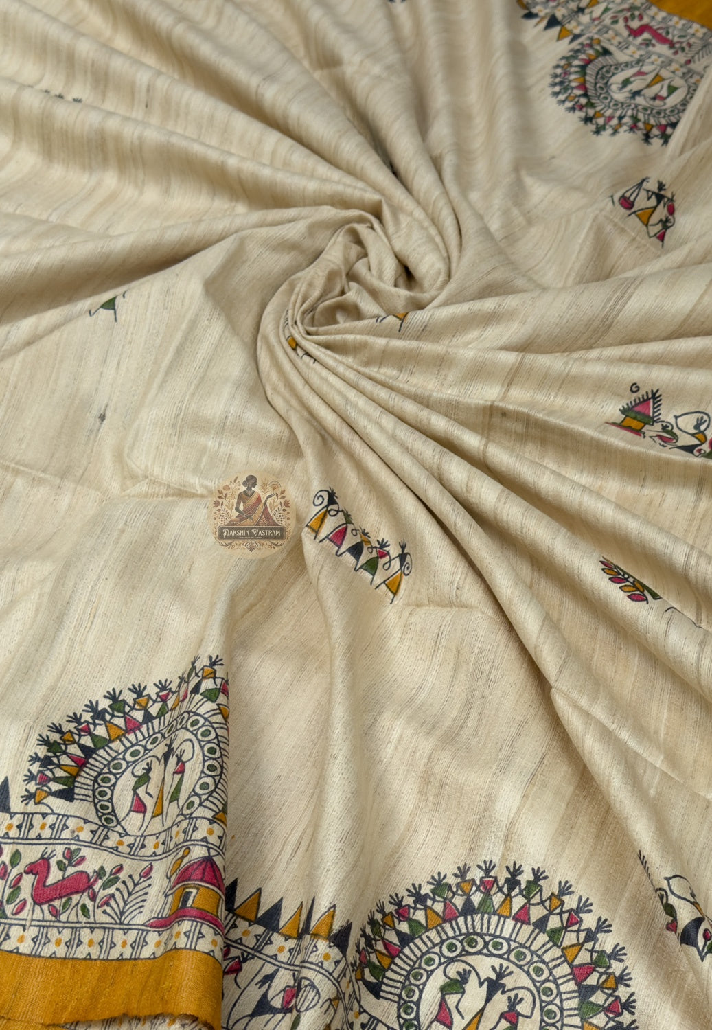 Full saree view of Ghicha Tussar wild silk conscious handloom saree with matching blouse piece for Diwali Durga Puja Onam Karva Chauth and Indian wedding occasions