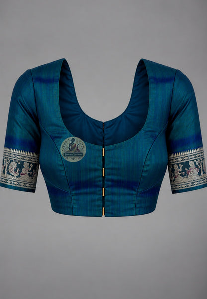 Matching blouse piece included with Baluchari pure silk narrative saree, pre-woven in the same Baluchari silk by Bishnupur West Bengal handloom artisan weavers carrying four centuries of tradition