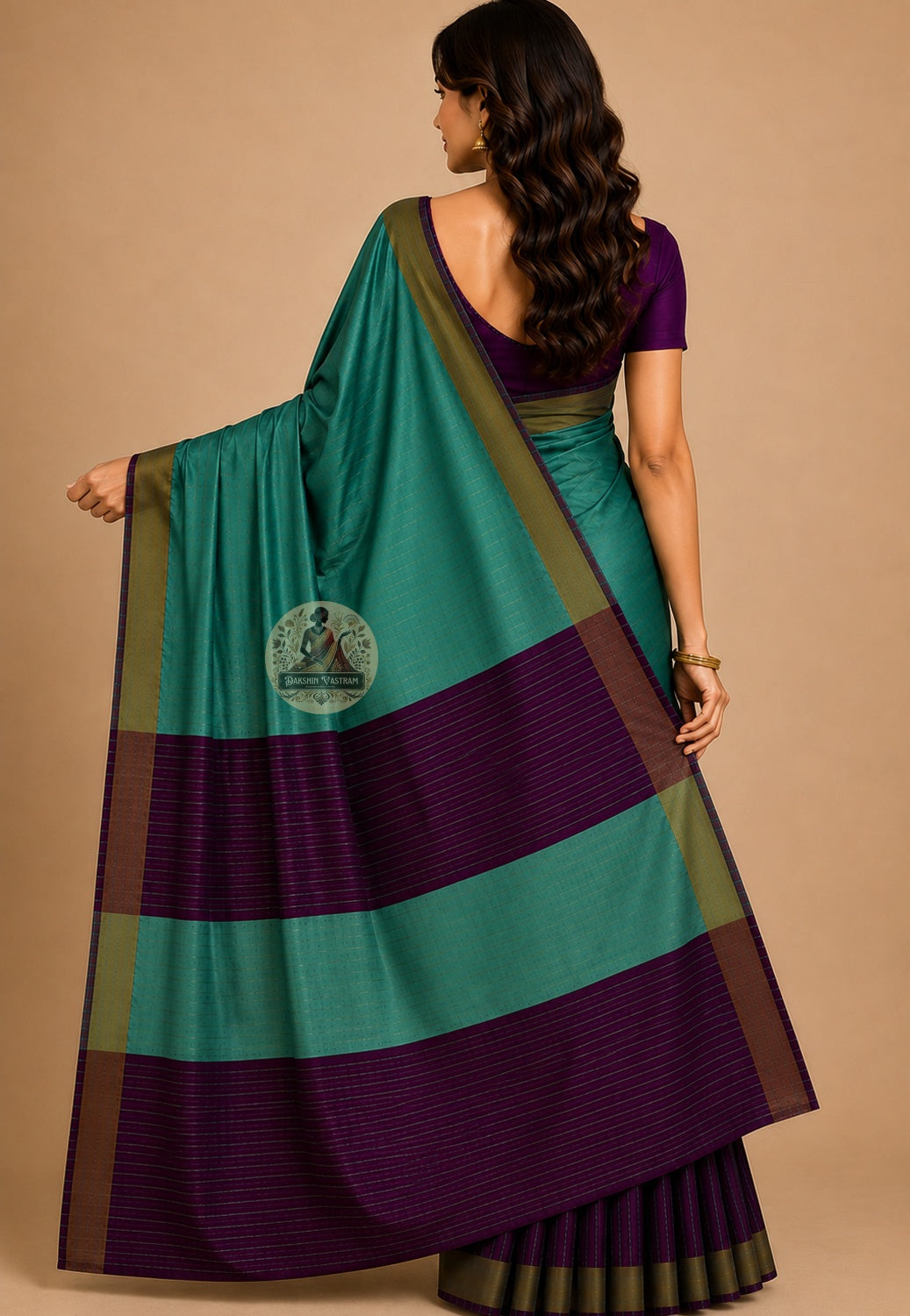 Rear view of handwoven Bishnupur Katan Silk Saree revealing the full pallu with hand-woven heritage motifs drawn from Bishnupur's terracotta temple tradition, placed with the patience of a weaver who knows that what is made slowly lasts