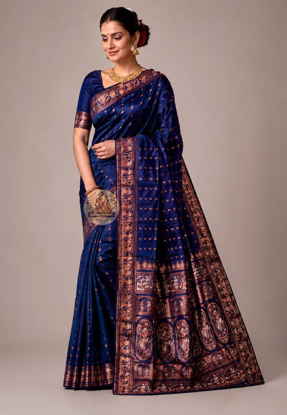 Front view of Swarnachari handloom silk saree with golden zari tradition border and living continuation of Bengal mythological and temple-art motifs, West Bengal pit-loom