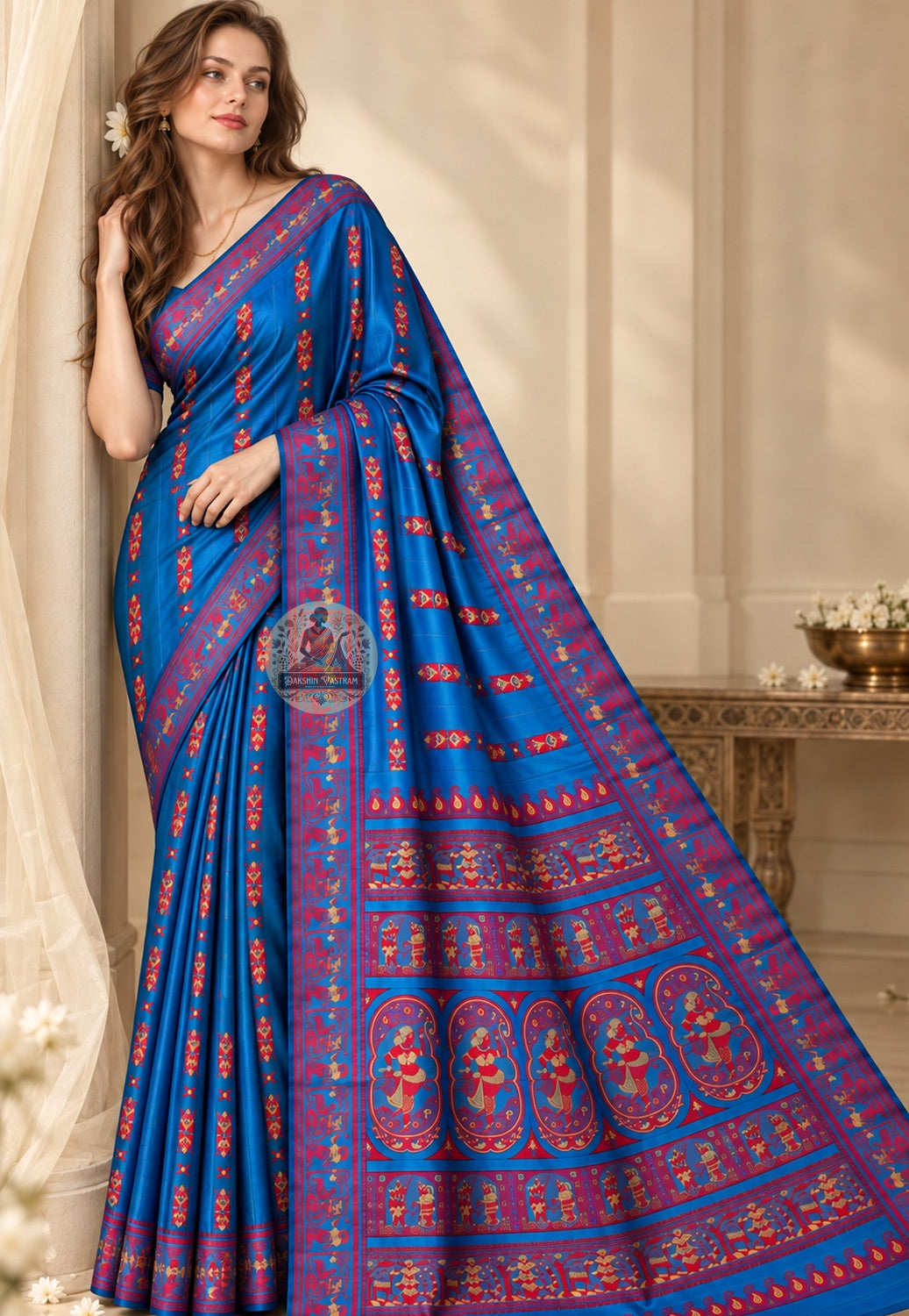 Front view of Bishnupur Baluchari silk saree in deep blue with mythological motifs, handwoven in West Bengal