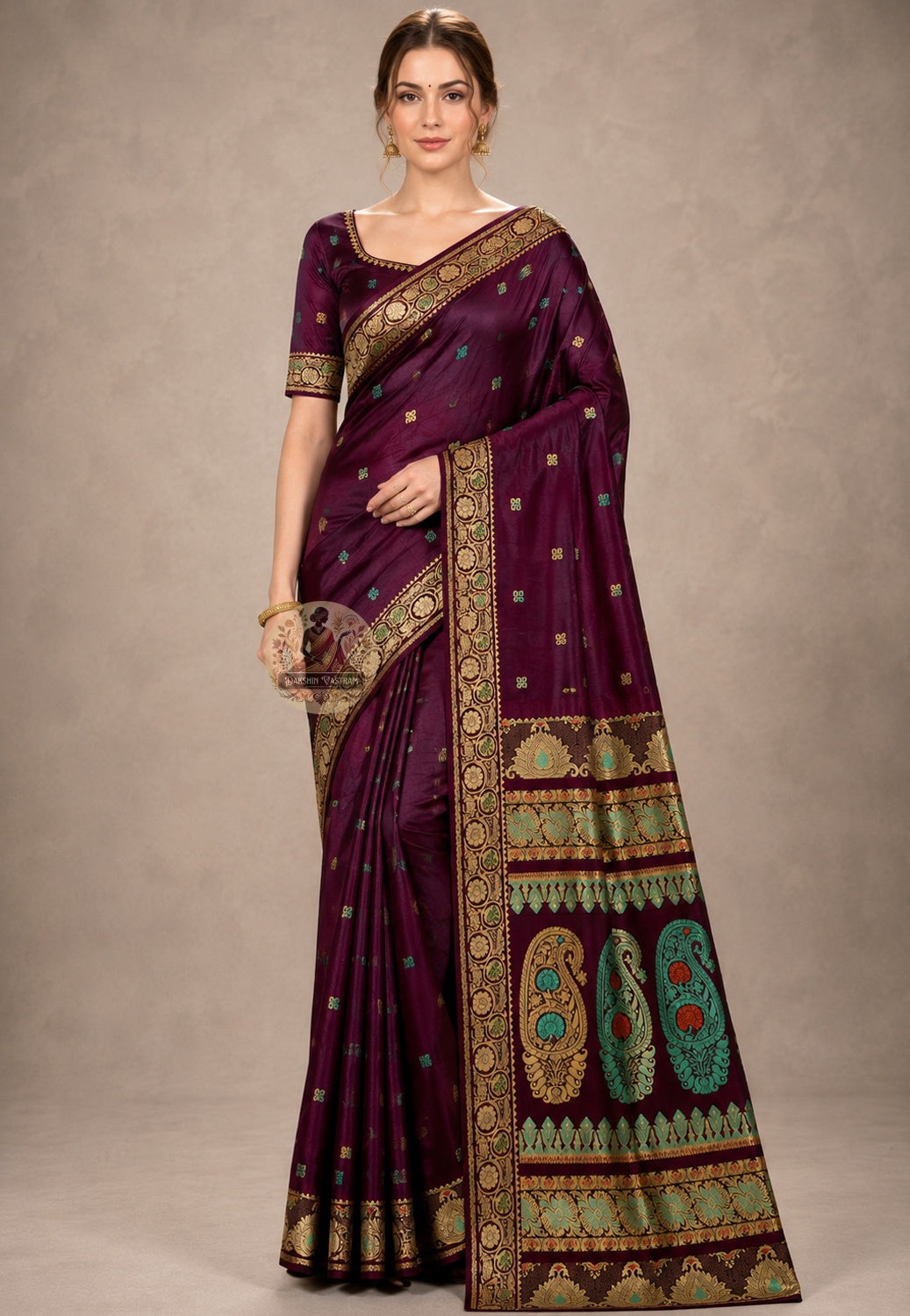 Front view of Swarnachari handloom silk saree with golden zari border in dialogue with Bengal's mythological and temple-art tradition, West Bengal pit-loom craft