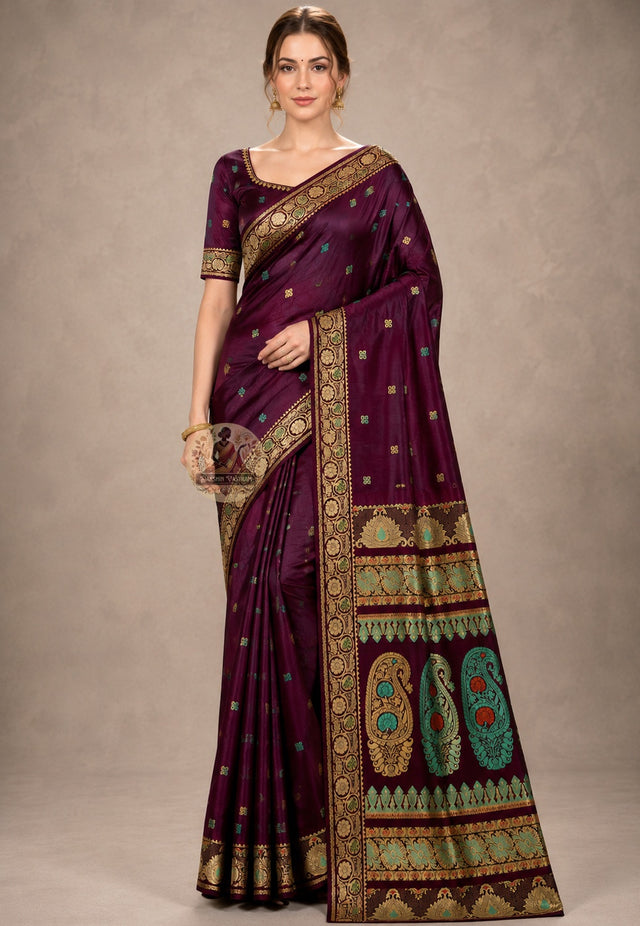 Front view of Swarnachari handloom silk saree with golden zari border in dialogue with Bengal's mythological and temple-art tradition, West Bengal pit-loom craft
