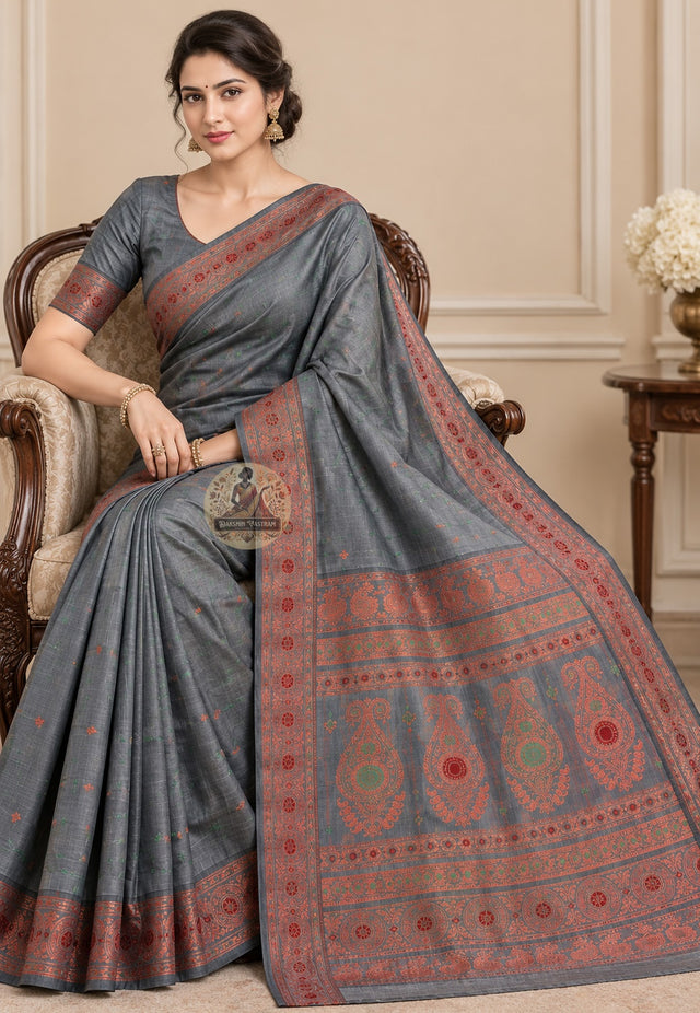 Front view of premium Swarnachari handloom silk saree with golden zari border speaking Bengal's visual language through mythological and temple-art vocabulary, West Bengal pit-loom