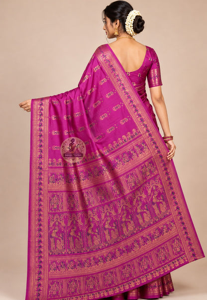 Front view of woman in Swarnachari pure silk saree, traditional Bengali drape with luminous golden zari pallu falling over left shoulder, silk catching natural light