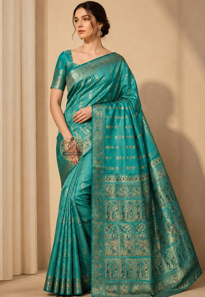 Front view of teal green Swarnachari Silk Saree with golden zari Draupadi vastraharana pallu and Shakuntala letter border Bishnupur Bengal