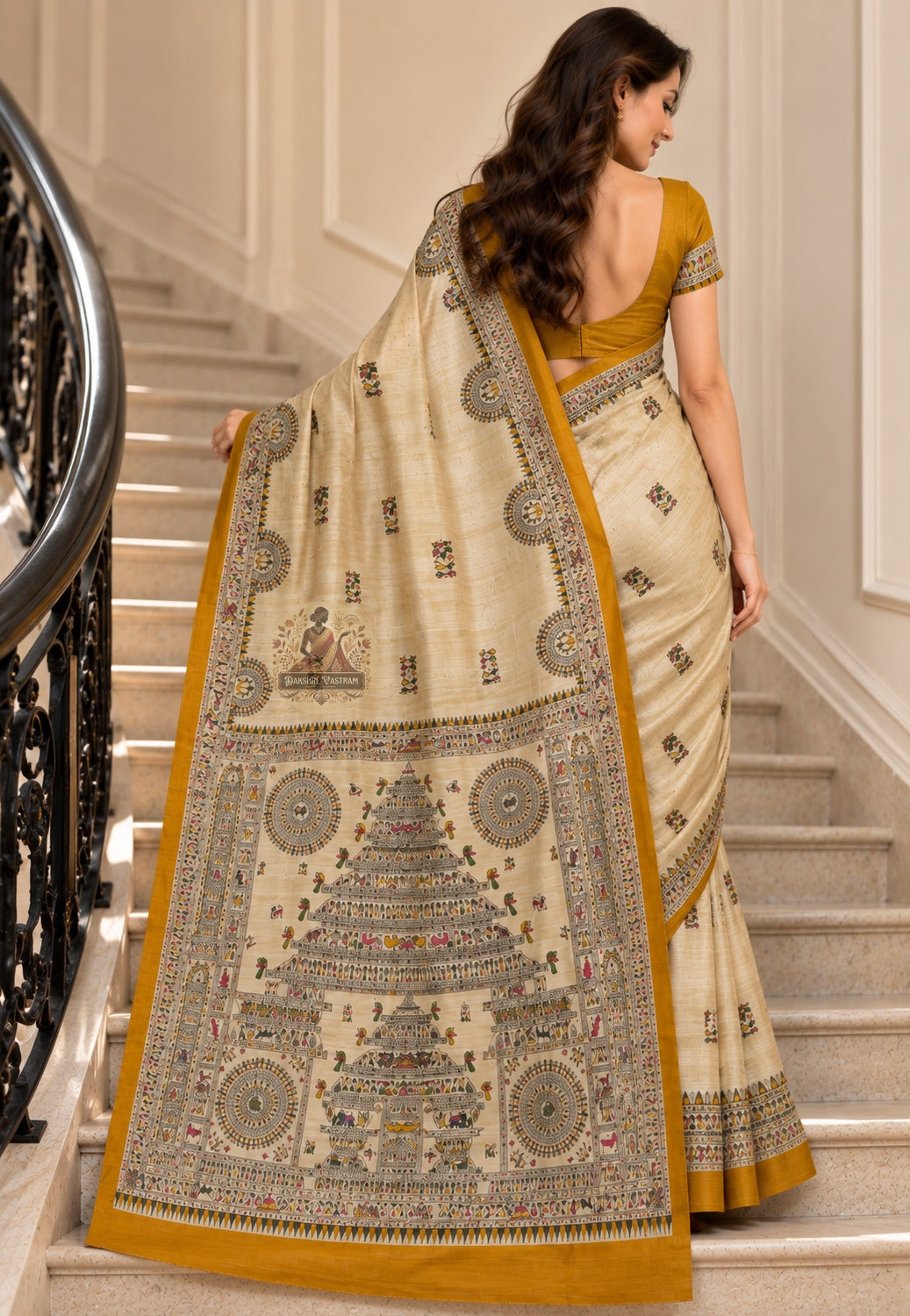 Side view of Ghicha Tussar wild silk conscious handloom saree displaying natural earthy drape and matte luminous finish for Navratri Onam and cultural occasions