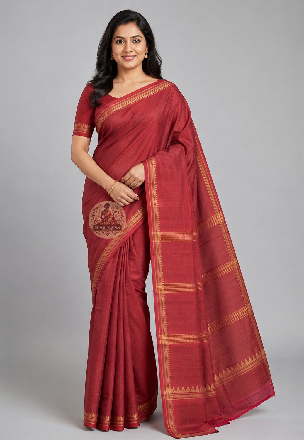 Side view of handwoven Bishnupur Katan Silk saree showing pallu fall and traditional woven motifs