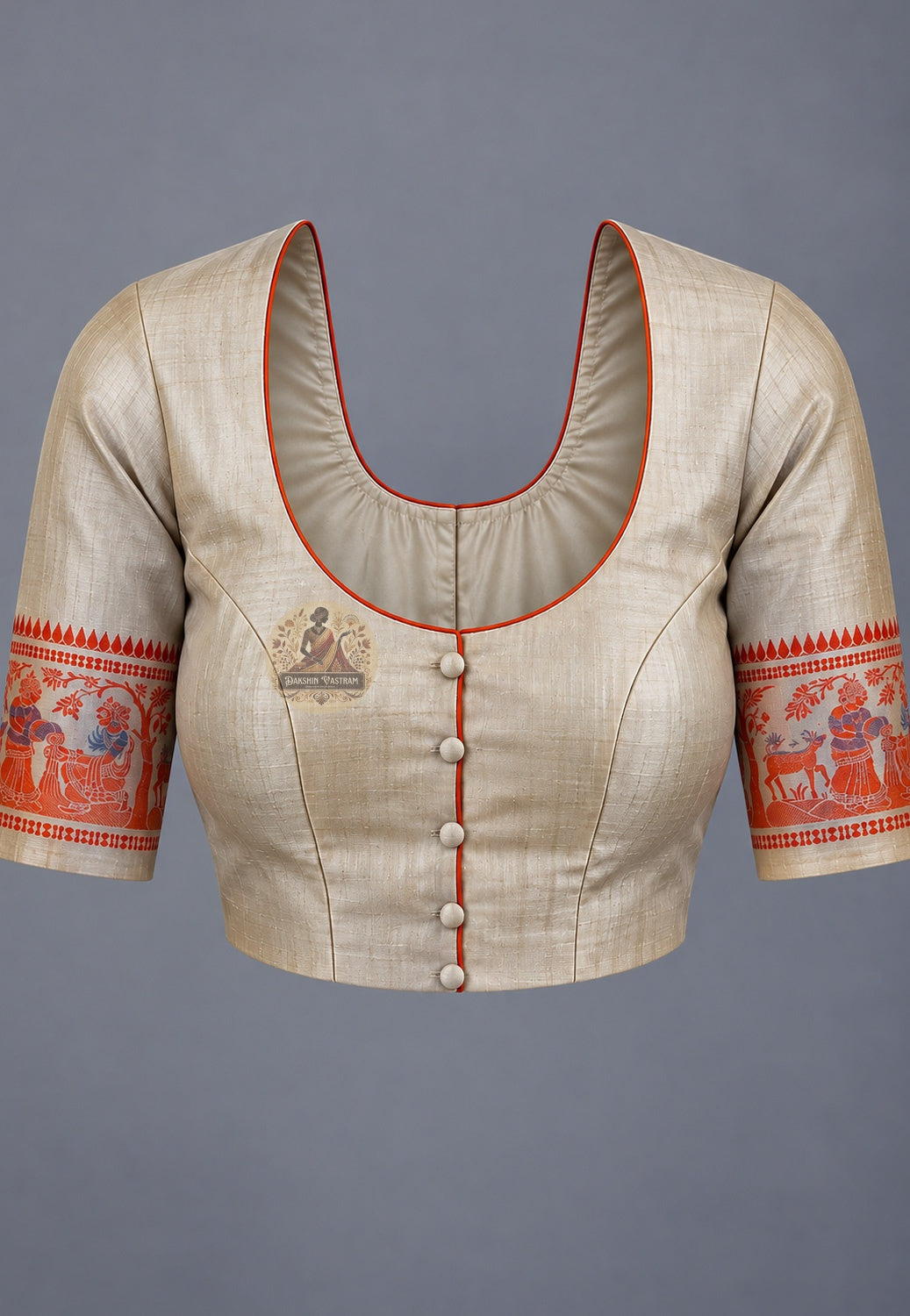 Blouse paired with cream Baluchari silk saree and red decorative border