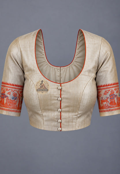 Blouse paired with cream Baluchari silk saree and red decorative border