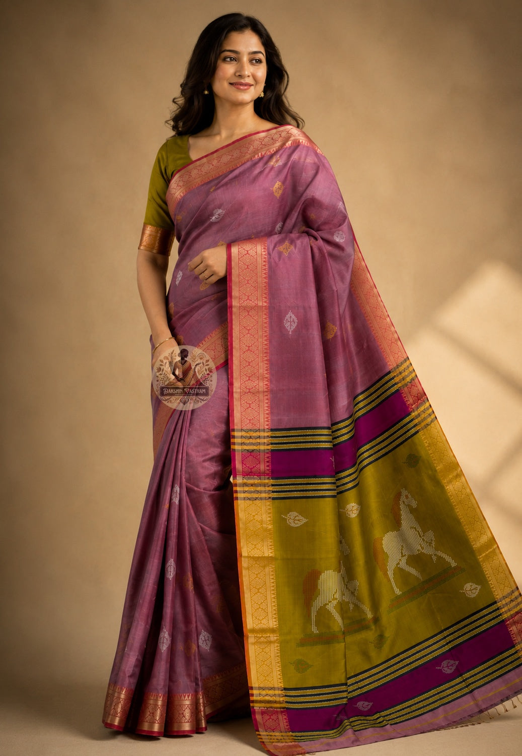 Front view of Bishnupur Katan Silk Saree with handwoven Bengal terracotta horse frieze and floral vine border West Bengal