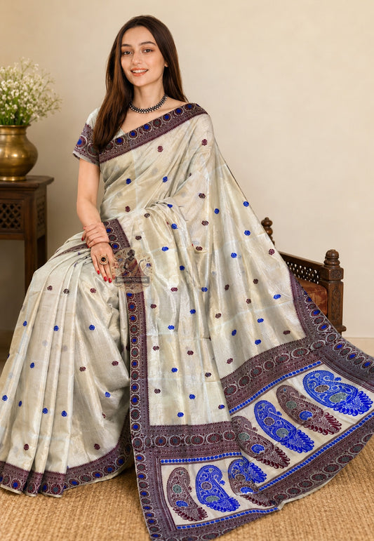 Side view of masterpiece Baluchari Silk Saree displaying the fluid drape and authoritative fall of premium pure Bengal silk, crafted for weddings and cultural galas across UK, USA, EU and India