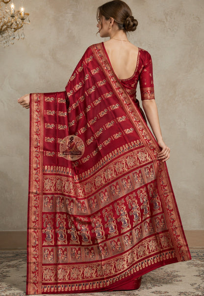 Front view of woman in Swarnachari pure silk saree, Bengali drape with richly detailed golden zari pallu draped over left shoulder