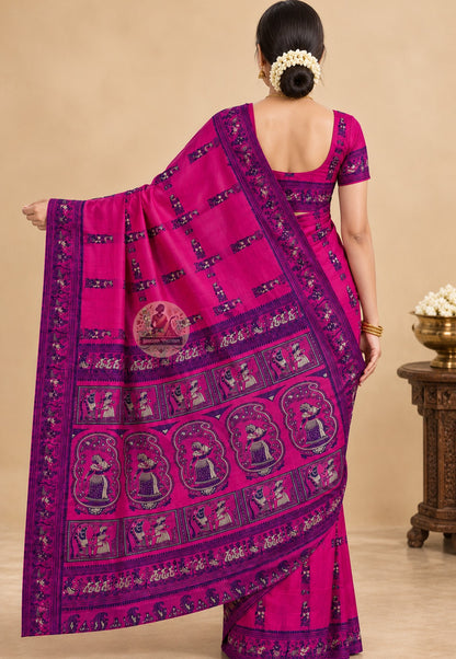 Rear view of Rani Pink Baluchari Silk Saree displaying the richly handwoven navy pallu with large oval medallions framing mythological scenes of royal courts, musicians, and devotional figures woven in pure Bengal silk