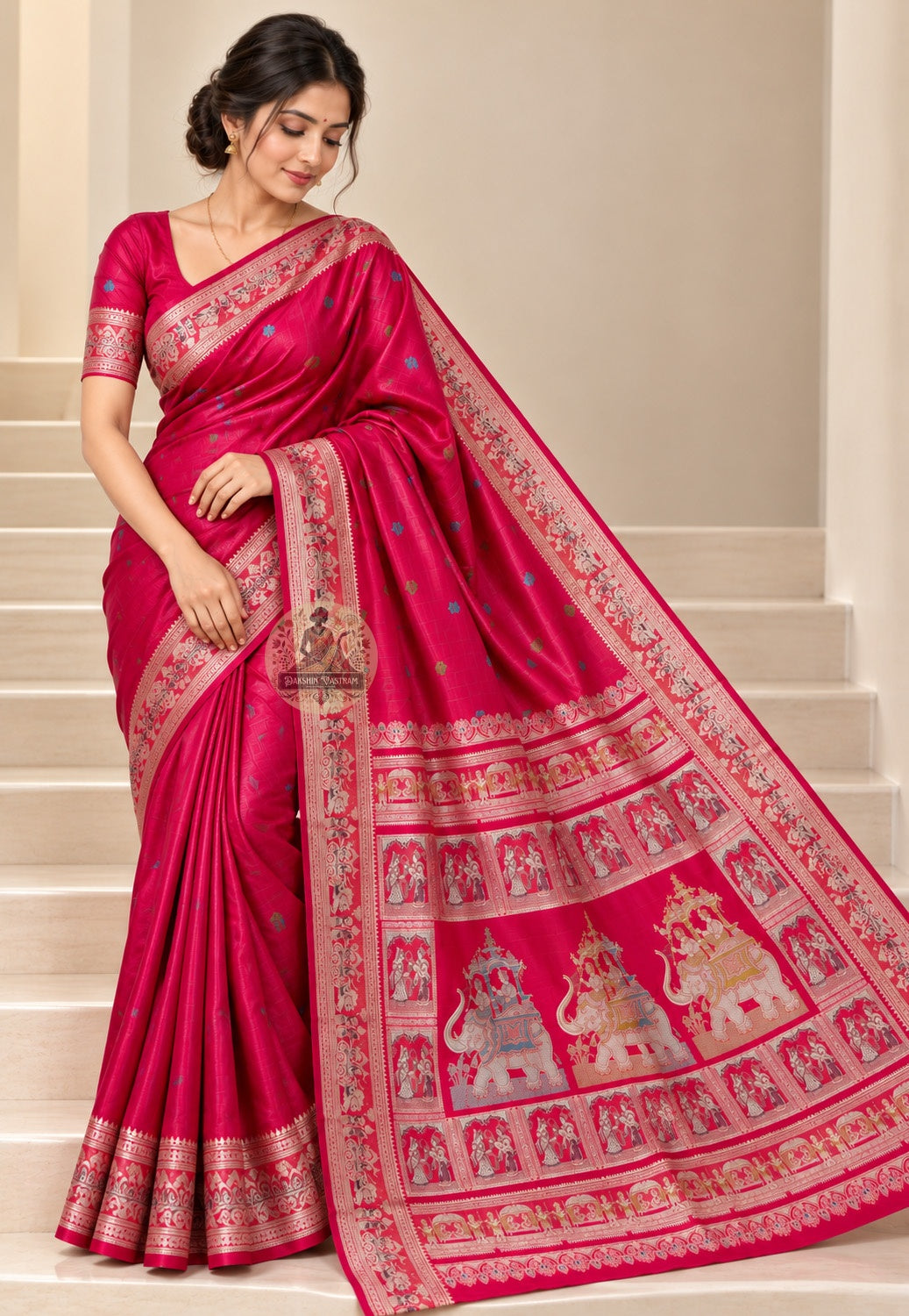Front view of cherry-red Baluchari silk saree with blue and green body motifs and pale patterned borders