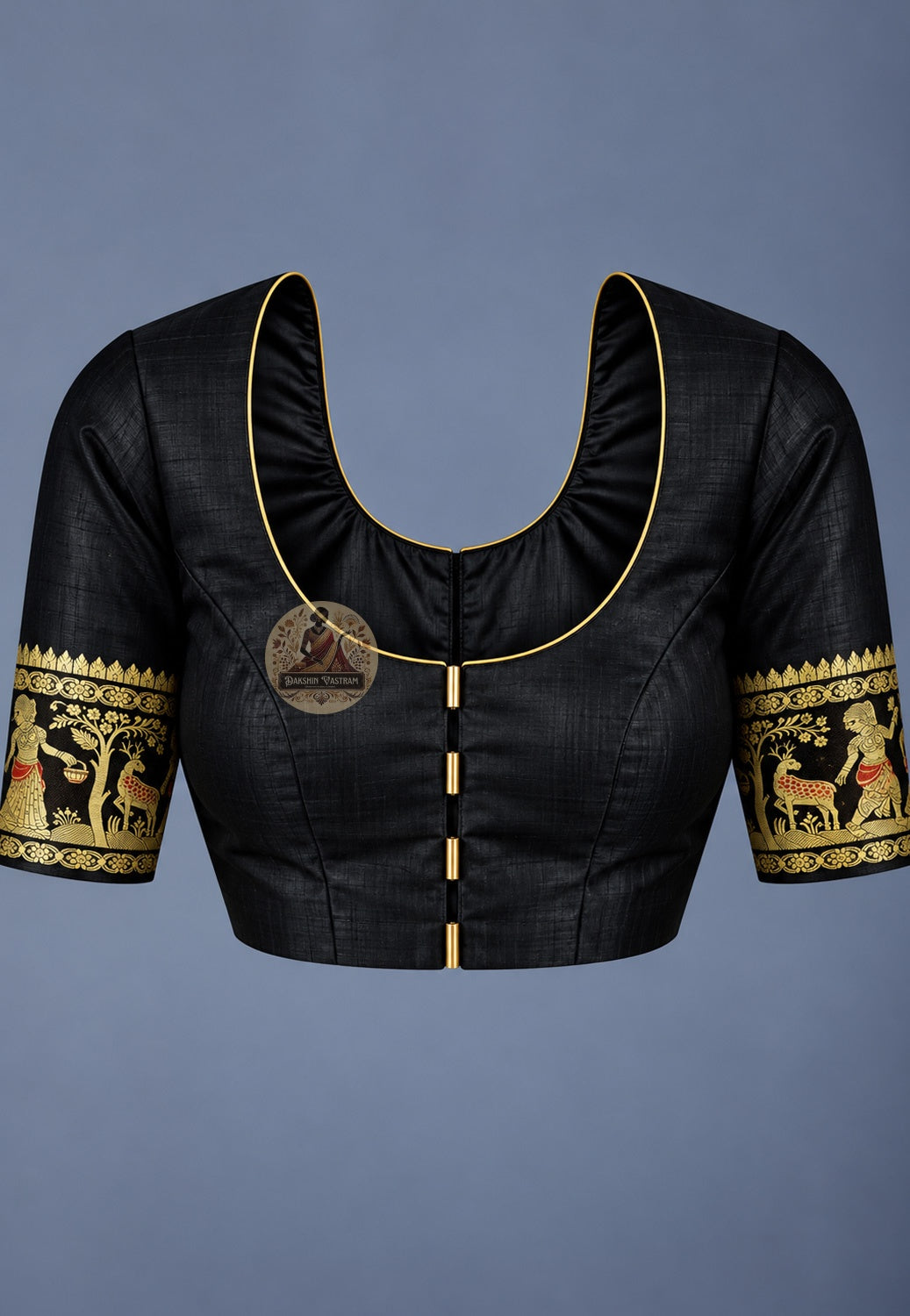 Blouse paired with black Baluchari silk saree, featuring small motifs and patterned sleeve borders
