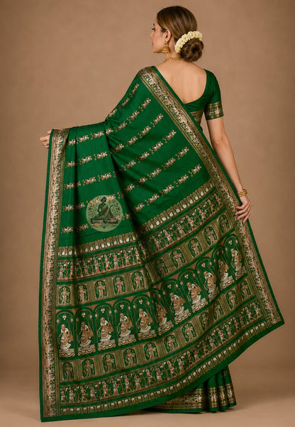 Front view of woman in Swarnachari pure silk saree, traditional Bengali drape with fine golden zari detail pallu inviting close attention over left shoulder