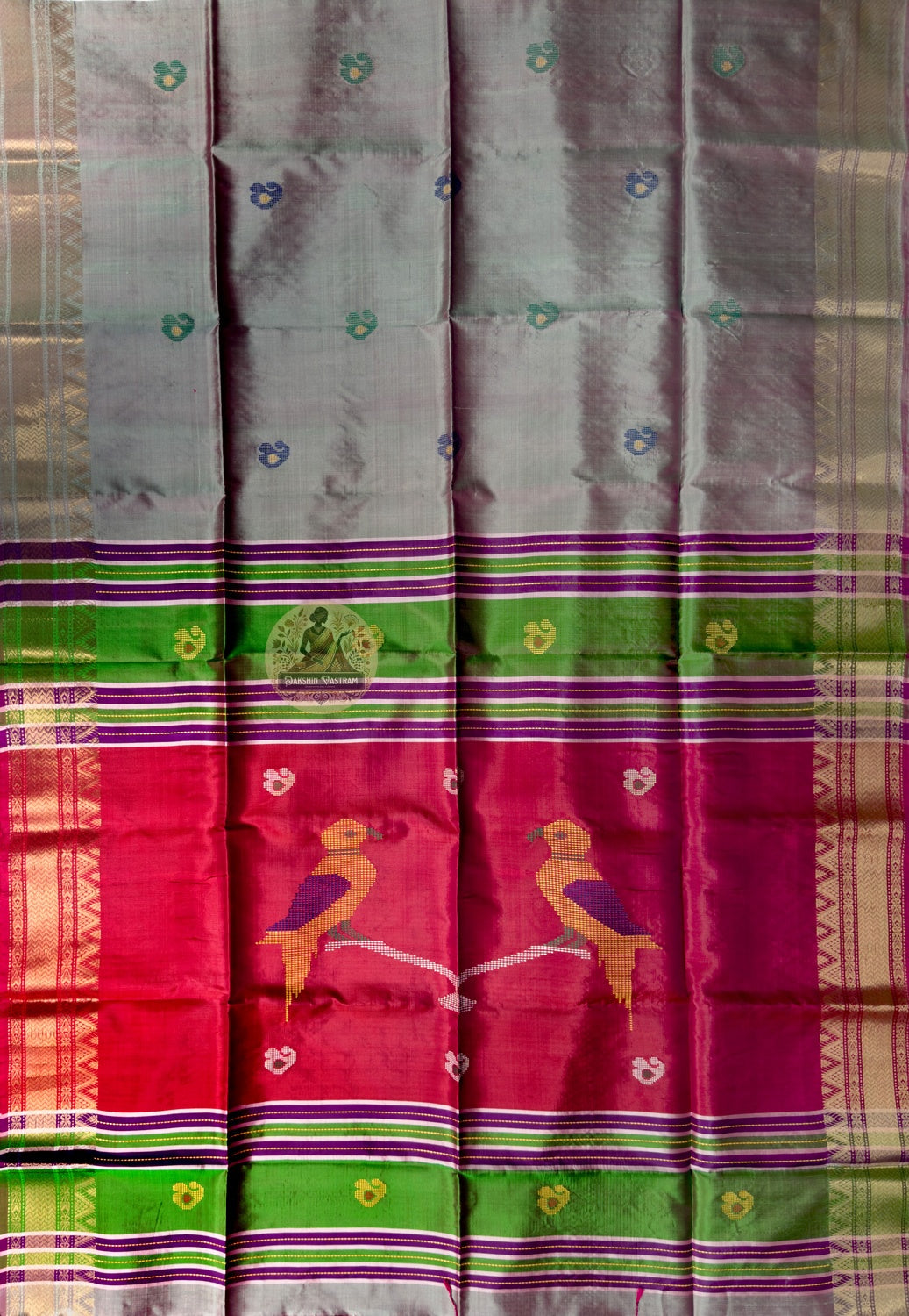 Close-up of master-woven five petal floral medallion with zari diagonal stripe detail on Bishnupur Katan Silk Saree