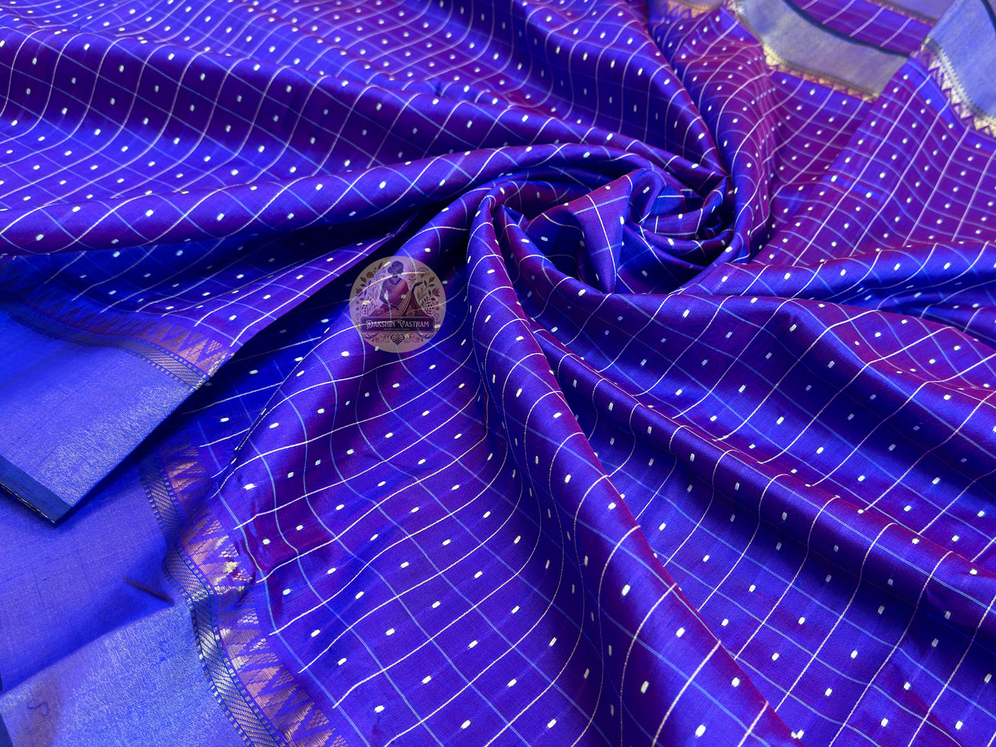 Close-up of Bishnupur Silk Bindu Buti saree – intricate woven Bindu Buti motifs catching light on pure silk, crafted by master weavers in Bishnupur, West Bengal